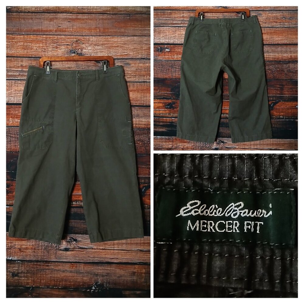 Eddie Bauer Capri Pants 16 Mercer Fit Cargo Dark Olive Green Twill Hiking